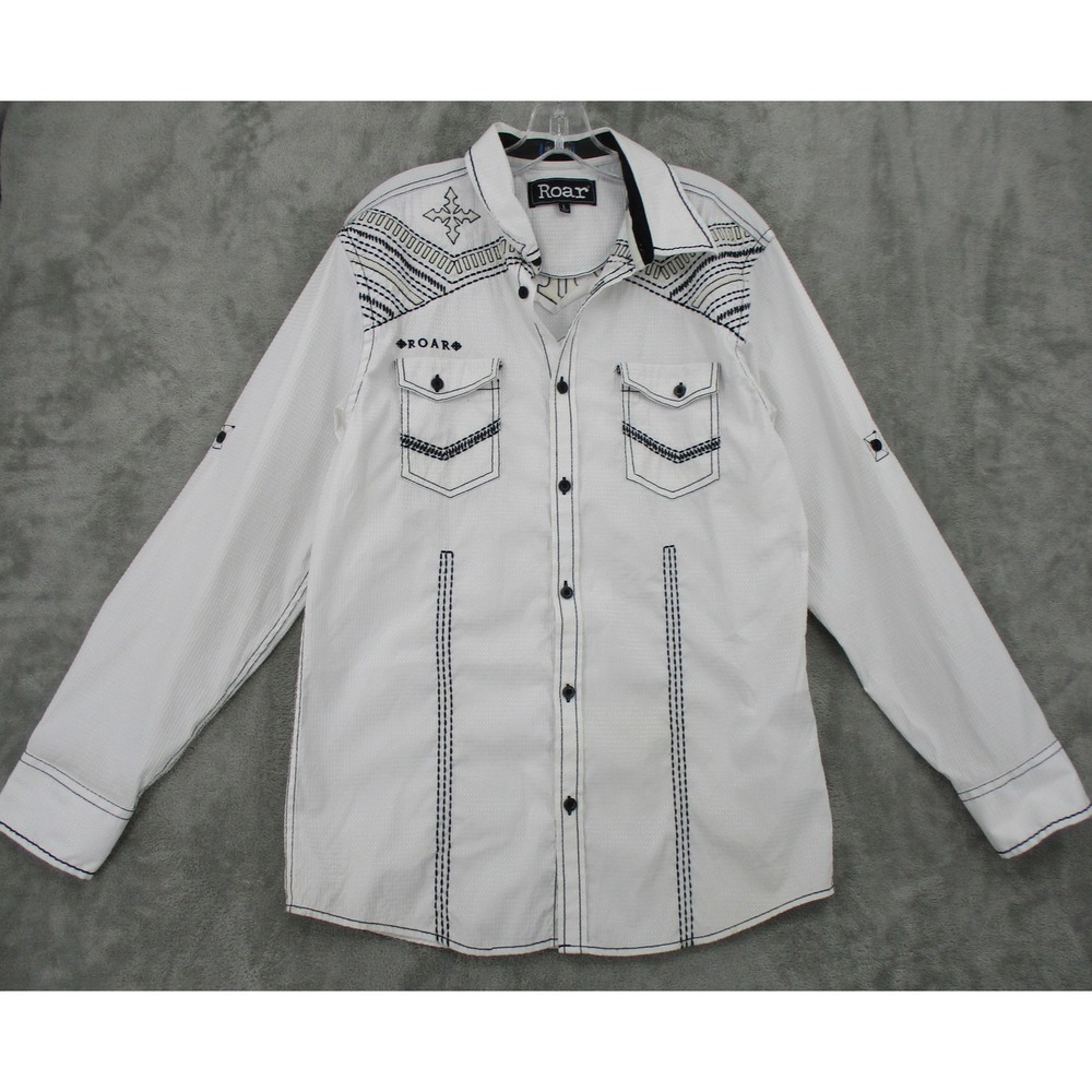 Roar Shirt Mens Large Embroidered Contrast Stitch Pockets 90s Y2K Black White